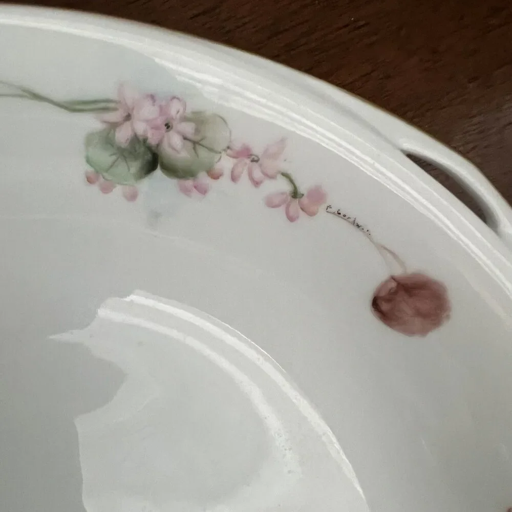 Vintage Hand Painted 2 Round Serving Platters w Handles 1 Bowl Pink Floral Sign